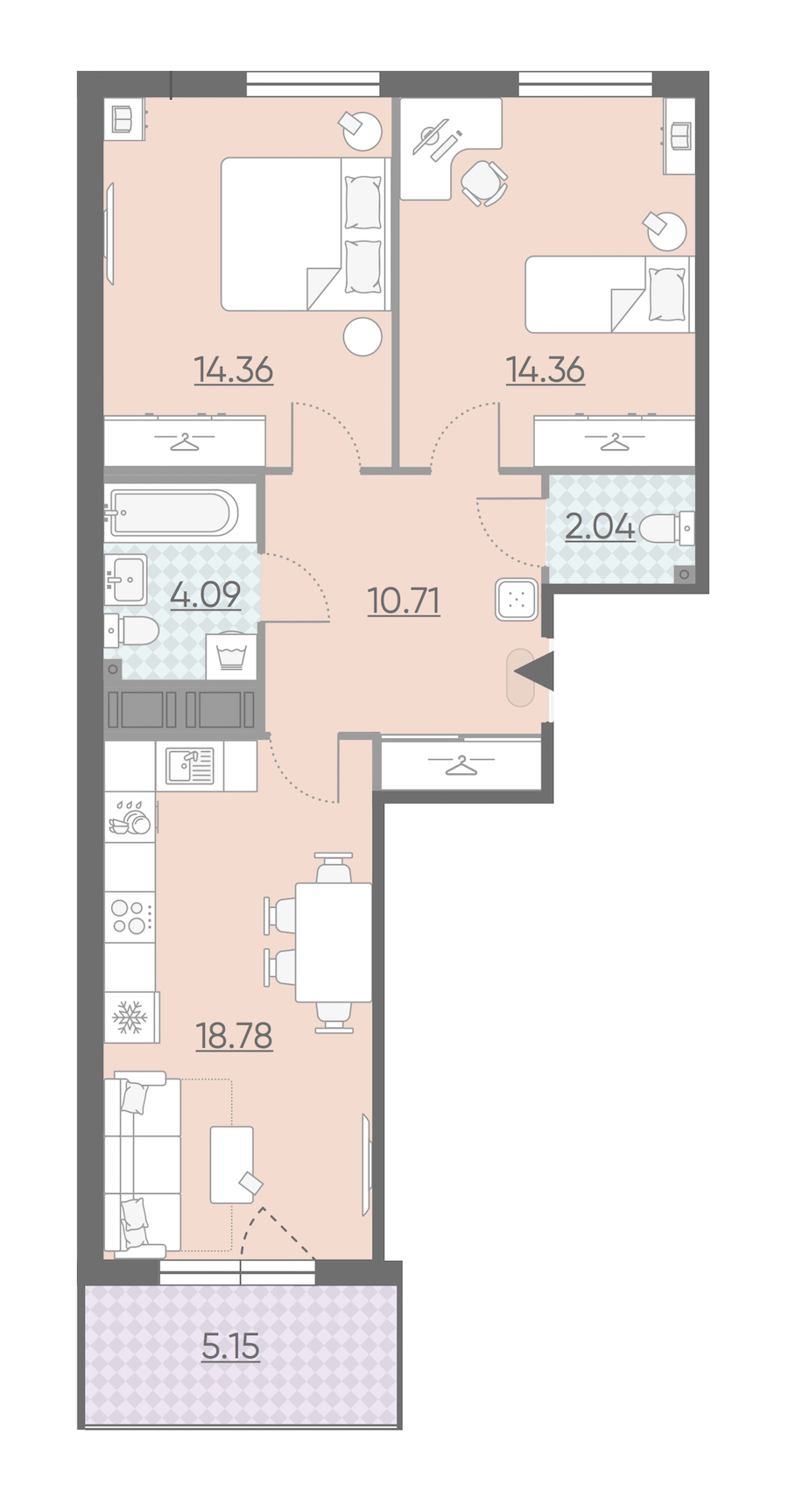 Двухкомнатная квартира в : площадь 66.92 м2 , этаж: 7 – купить в Санкт-Петербурге